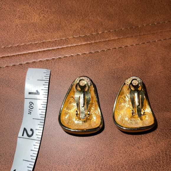 St. John Chunky Navy Blue Gold Enamel Clip Earrings - Picture 3 of 5